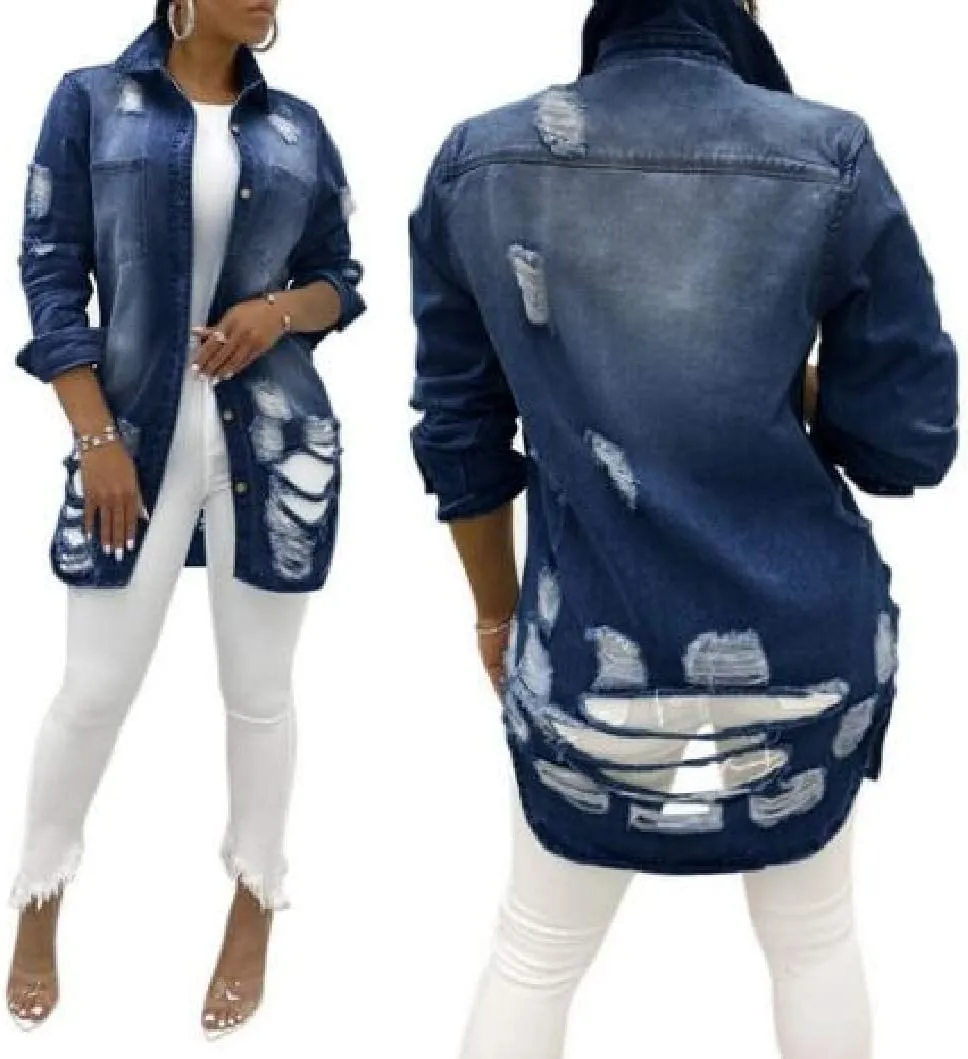 Women's Jean Jacket Long Sleeve Classic Distressed Tassels Denim Trucker
