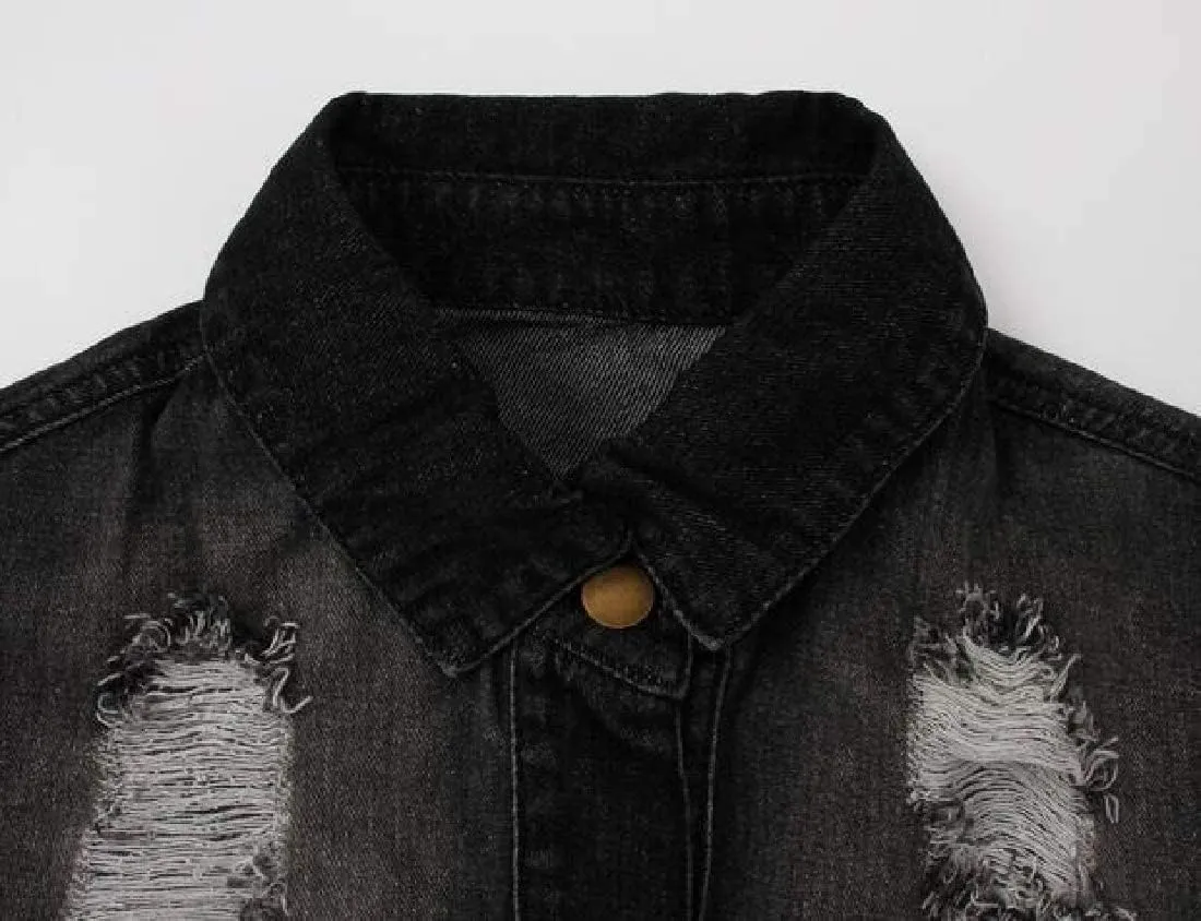 Women's Jean Jacket Long Sleeve Classic Distressed Tassels Denim Trucker