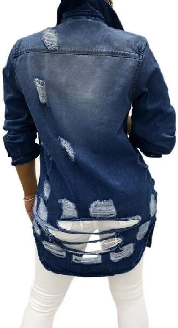 Women's Jean Jacket Long Sleeve Classic Distressed Tassels Denim Trucker