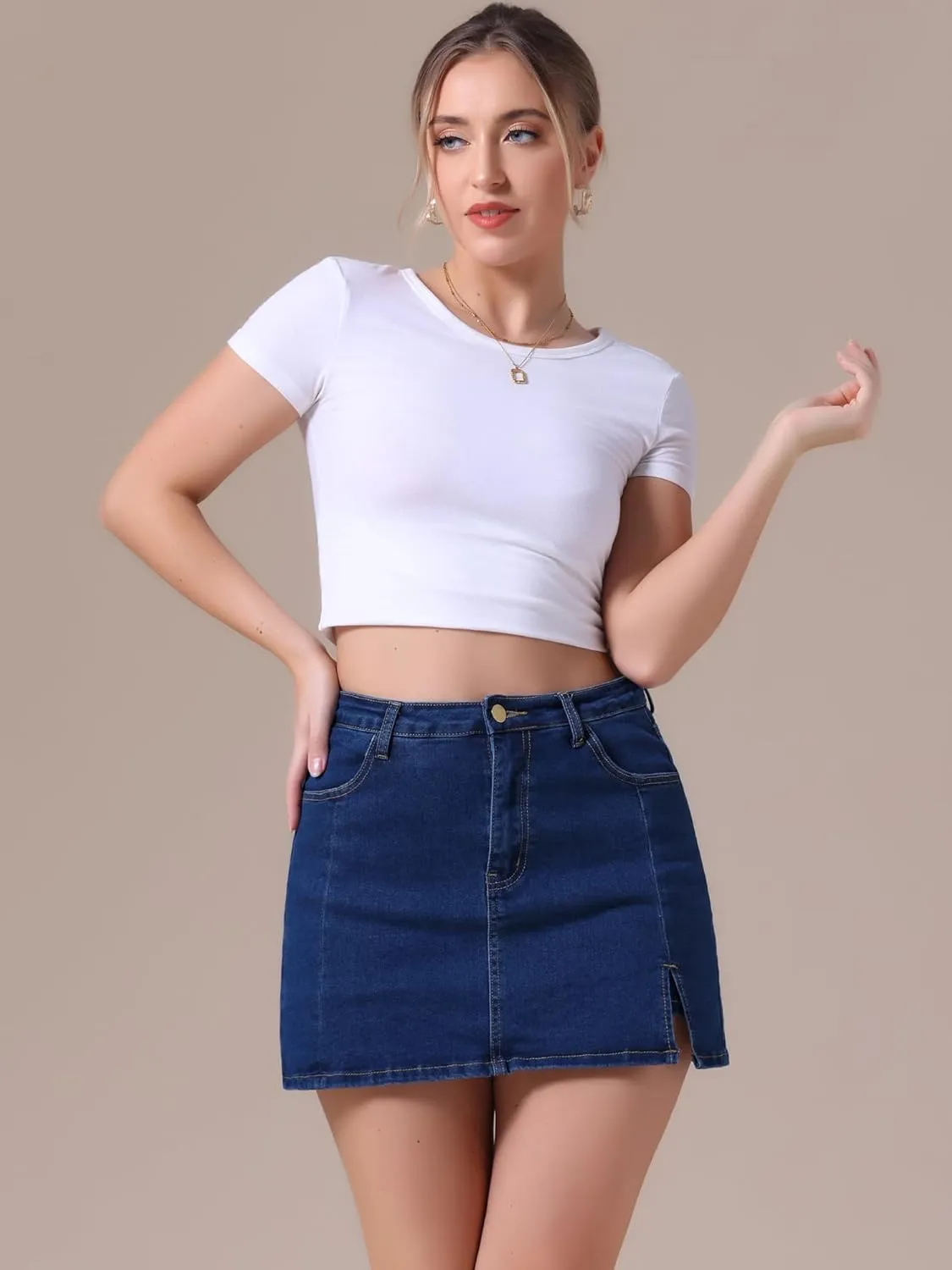 Women's Jean Skorts High Waisted A-Line Stretchy Side Slit Mini Denim Skirt with Shorts