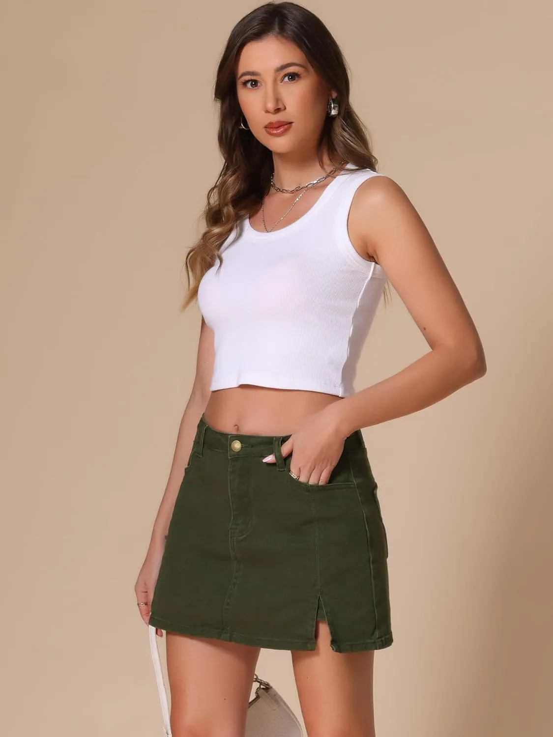Women's Jean Skorts High Waisted A-Line Stretchy Side Slit Mini Denim Skirt with Shorts