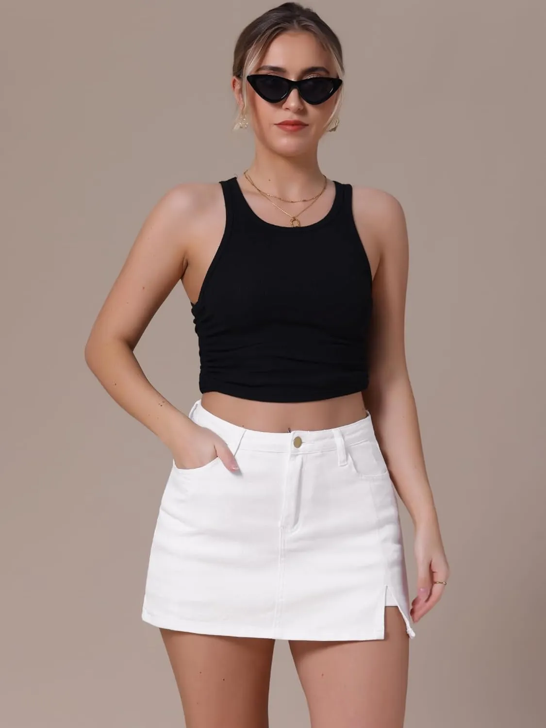 Women's Jean Skorts High Waisted A-Line Stretchy Side Slit Mini Denim Skirt with Shorts