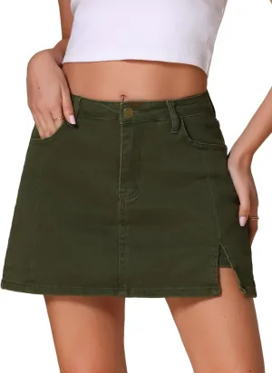 Women's Jean Skorts High Waisted A-Line Stretchy Side Slit Mini Denim Skirt with Shorts