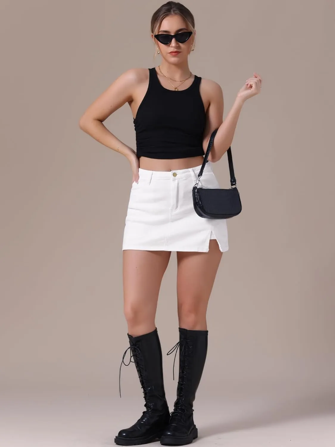 Women's Jean Skorts High Waisted A-Line Stretchy Side Slit Mini Denim Skirt with Shorts