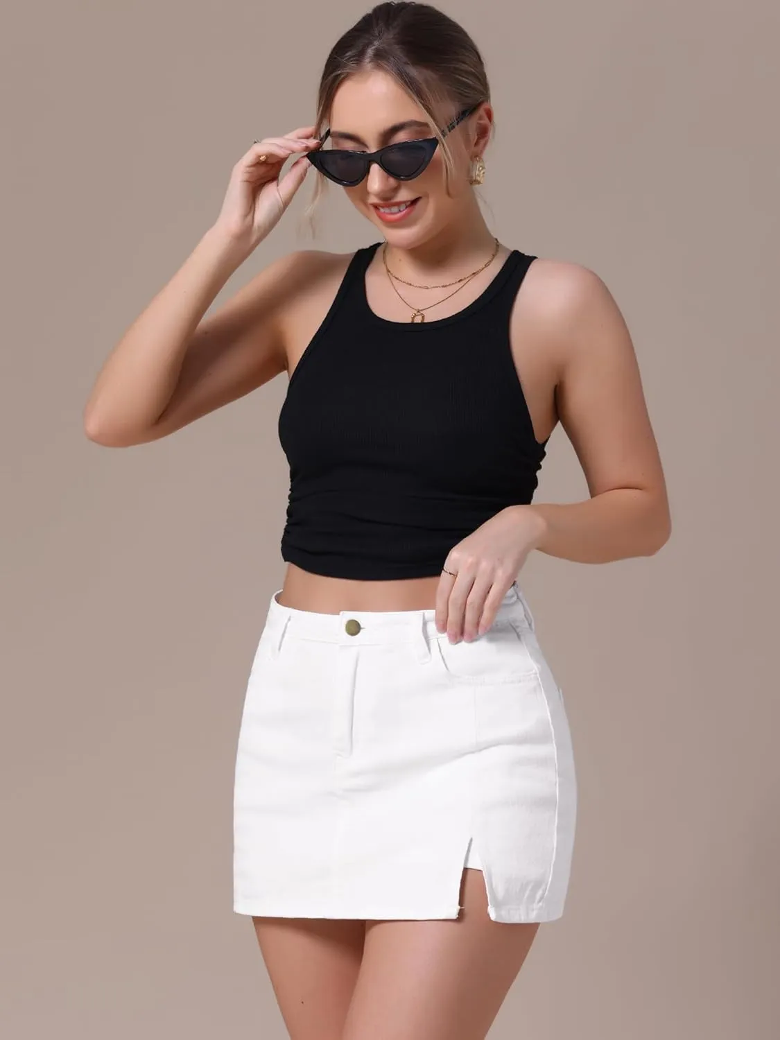 Women's Jean Skorts High Waisted A-Line Stretchy Side Slit Mini Denim Skirt with Shorts