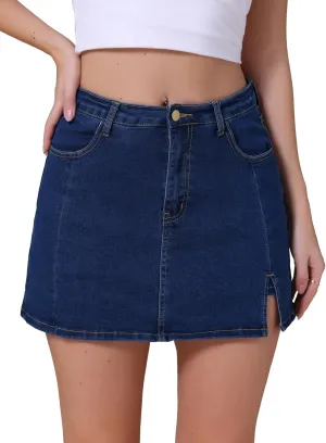 Women's Jean Skorts High Waisted A-Line Stretchy Side Slit Mini Denim Skirt with Shorts