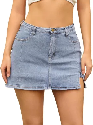 Women's Jean Skorts High Waisted A-Line Stretchy Side Slit Mini Denim Skirt with Shorts