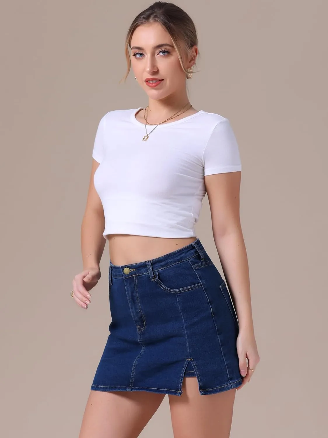 Women's Jean Skorts High Waisted A-Line Stretchy Side Slit Mini Denim Skirt with Shorts