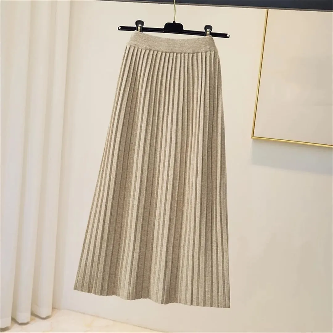 Women's Knitted Long A-Line Pleated Midi Skirt Warm Thick High Waist Korean Style