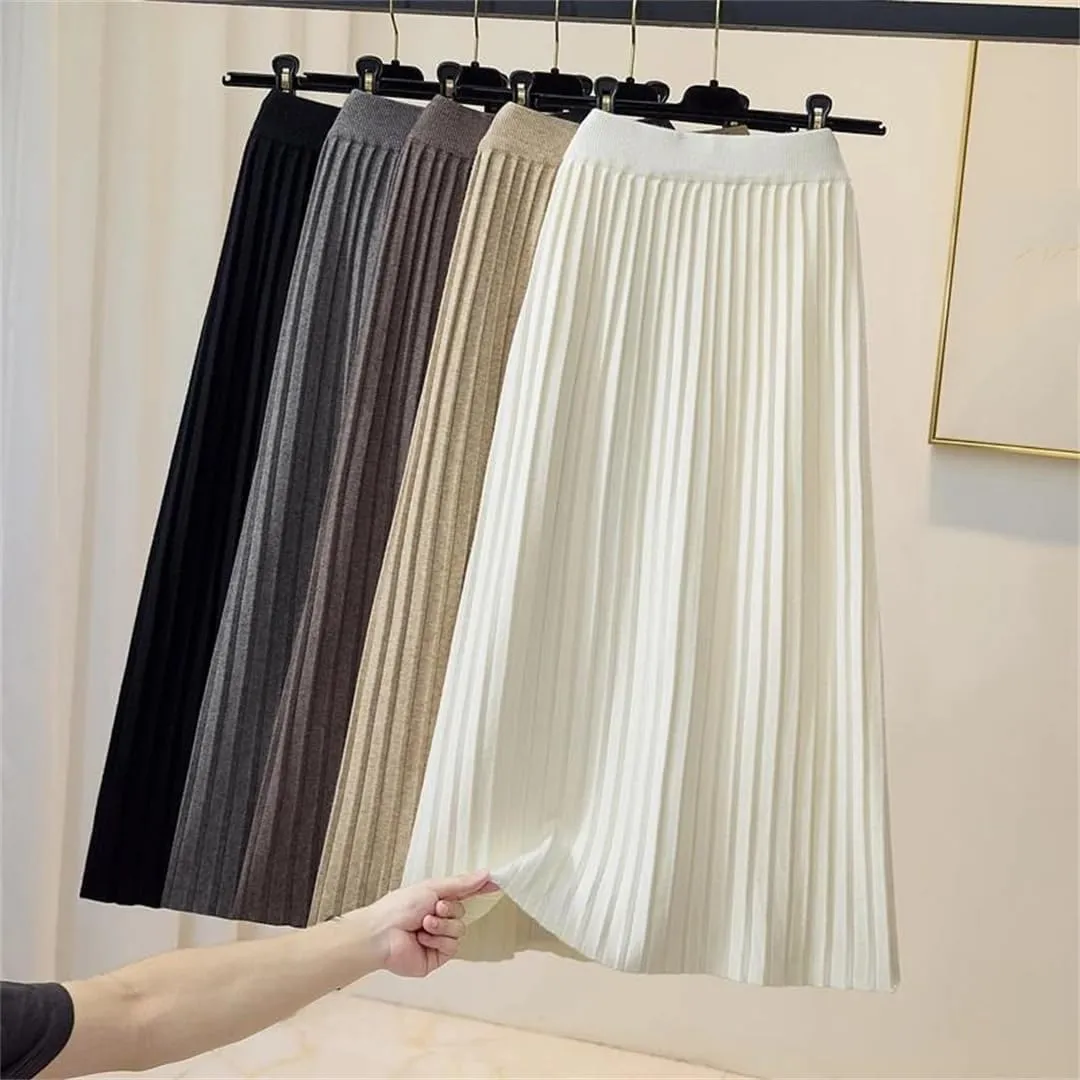 Women's Knitted Long A-Line Pleated Midi Skirt Warm Thick High Waist Korean Style