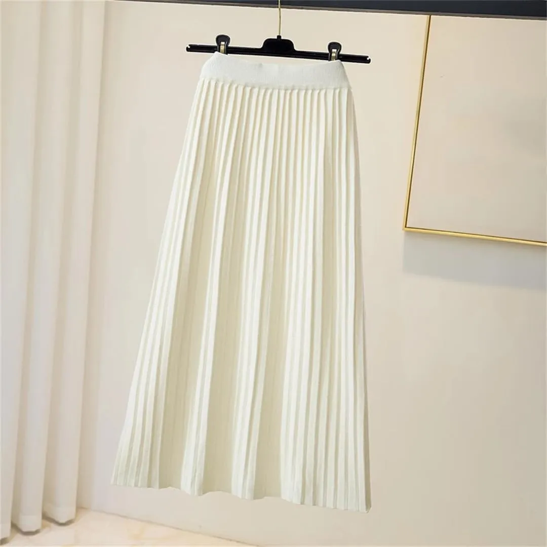 Women's Knitted Long A-Line Pleated Midi Skirt Warm Thick High Waist Korean Style