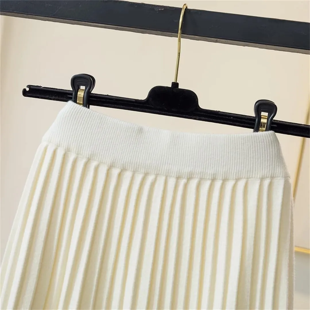 Women's Knitted Long A-Line Pleated Midi Skirt Warm Thick High Waist Korean Style