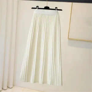 Women's Knitted Long A-Line Pleated Midi Skirt Warm Thick High Waist Korean Style