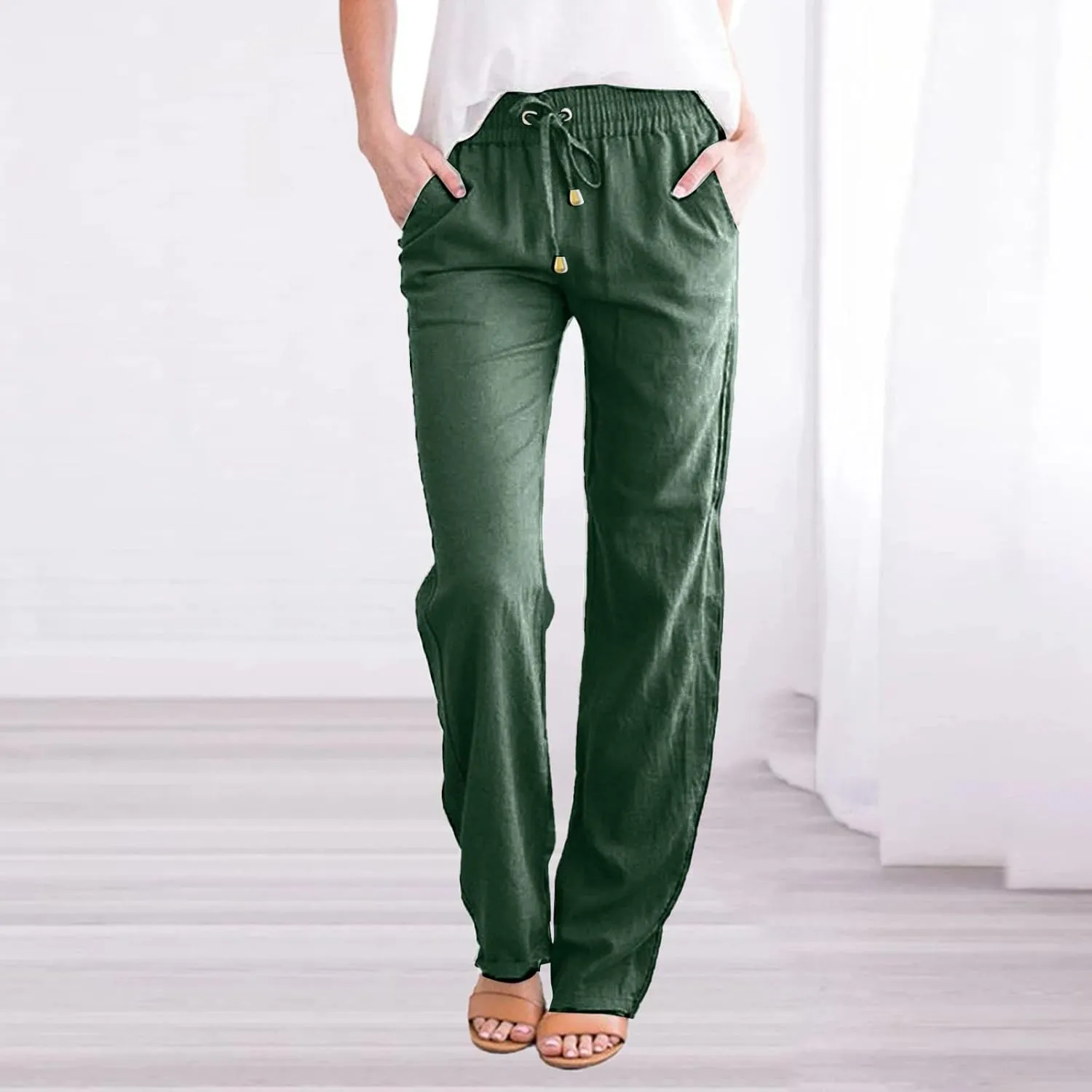Womens Linen Casual Pants Winter Trendy Yoga Trousers with Pockets Fleece Lined Straight Leg