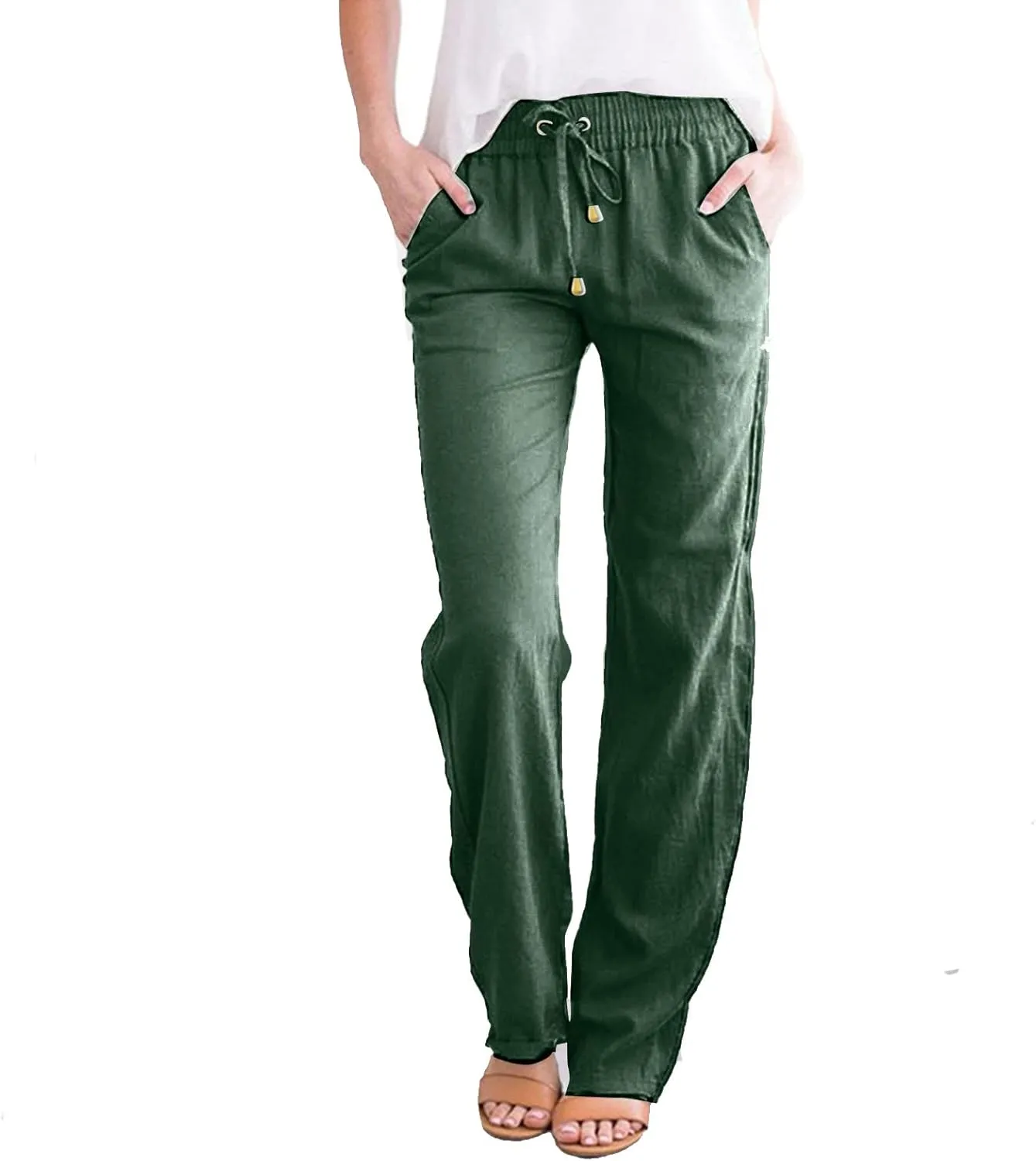 Womens Linen Casual Pants Winter Trendy Yoga Trousers with Pockets Fleece Lined Straight Leg