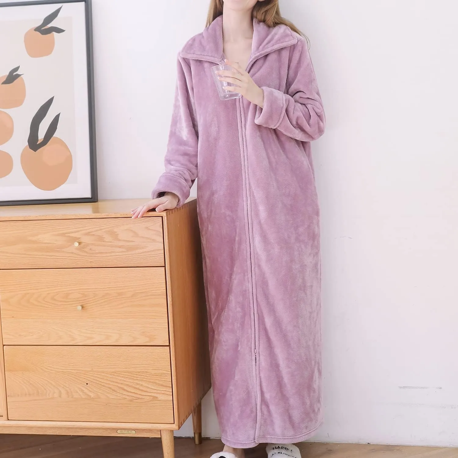 Women's Long Housecoat Fuzzy Bath Robe Fleece Oversized Zipper Thick House Coat Warm Winter