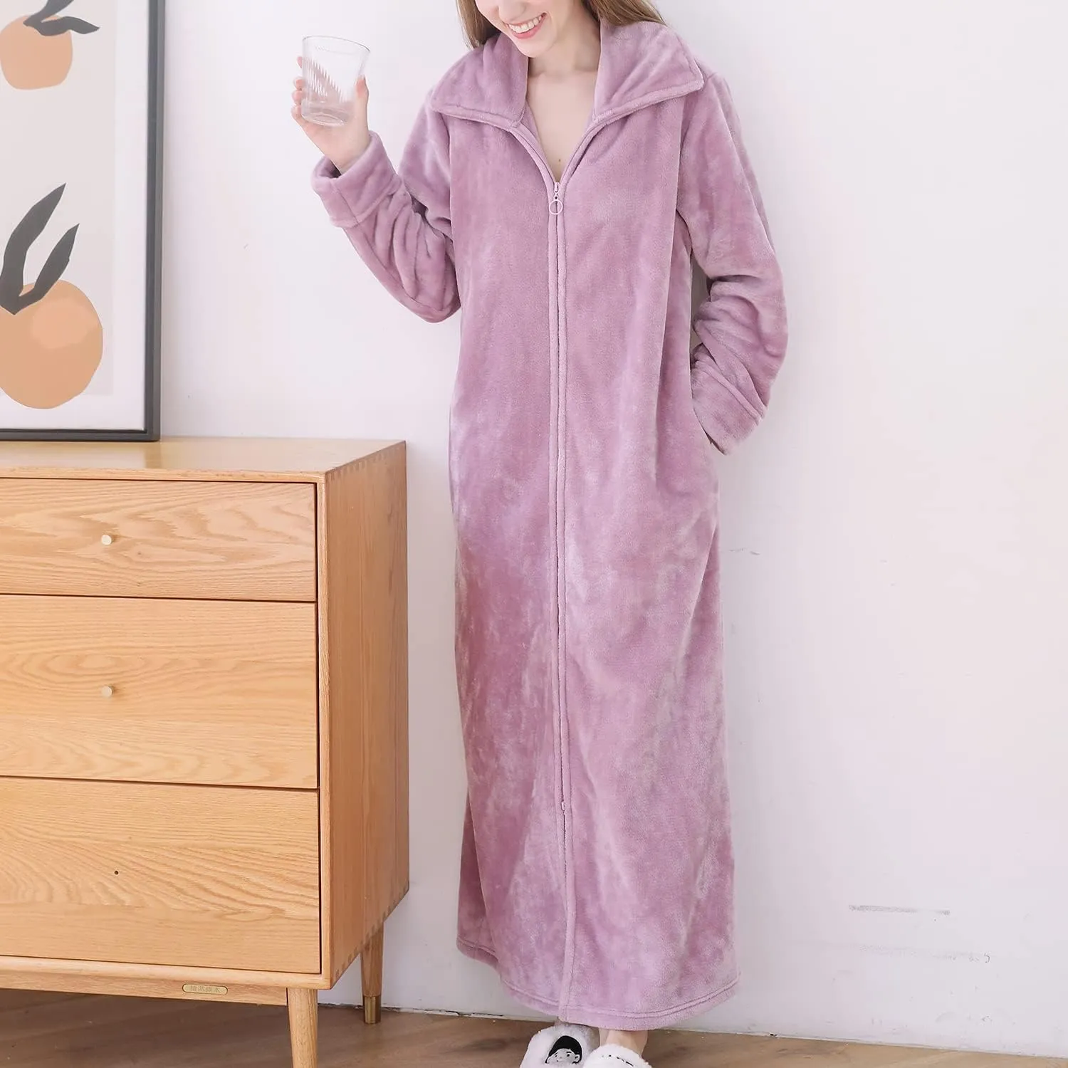 Women's Long Housecoat Fuzzy Bath Robe Fleece Oversized Zipper Thick House Coat Warm Winter