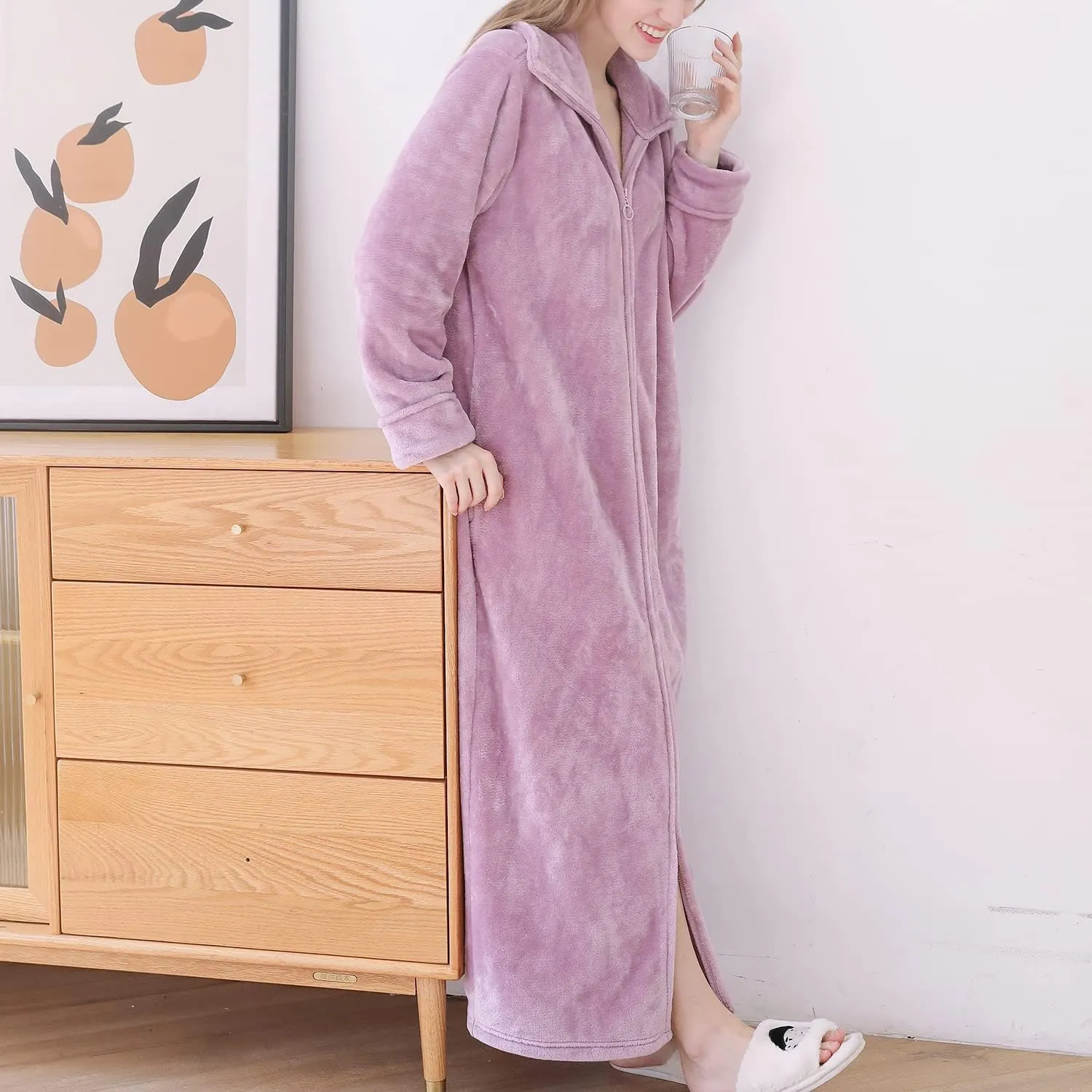 Women's Long Housecoat Fuzzy Bath Robe Fleece Oversized Zipper Thick House Coat Warm Winter