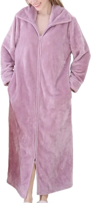 Women's Long Housecoat Fuzzy Bath Robe Fleece Oversized Zipper Thick House Coat Warm Winter
