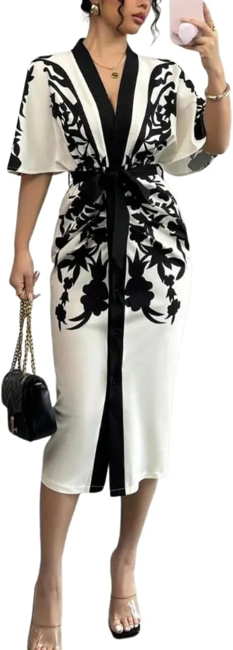 Womens Maxi Dress Black and White V-Neck Short Sleeve Floral Print Hip-Hugging 2025 Spring Summer Casual Dress