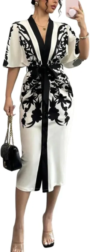 Womens Maxi Dress Black and White V-Neck Short Sleeve Floral Print Hip-Hugging 2025 Spring Summer Casual Dress