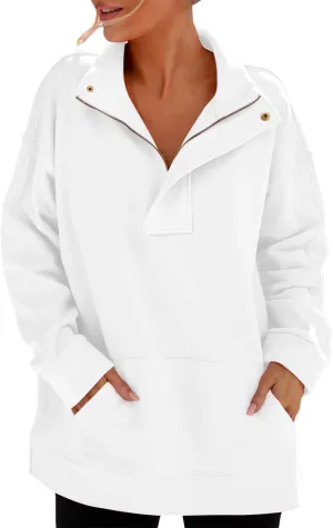 Women's Oversized Quarter Zip Sweatshirts Casual Sports Half-zip Long Sleeve Pullover Tops Solid Color Sweatshirt