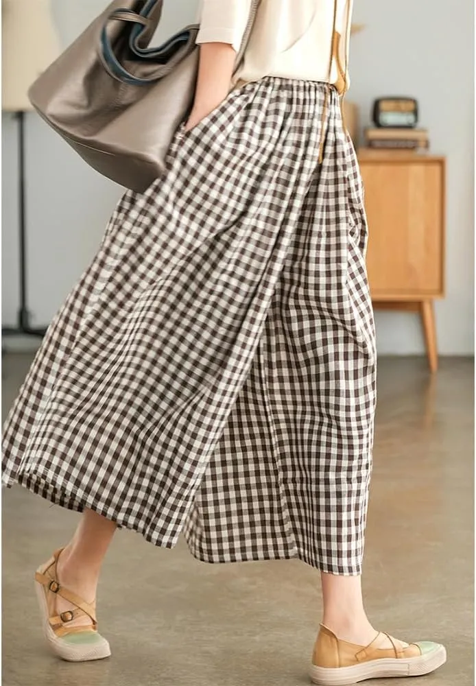 Womens Plaid Print Linen Pants Casual High Waisted Smocked Elastic Wide Leg Baggy Cropped Pants with Pockets