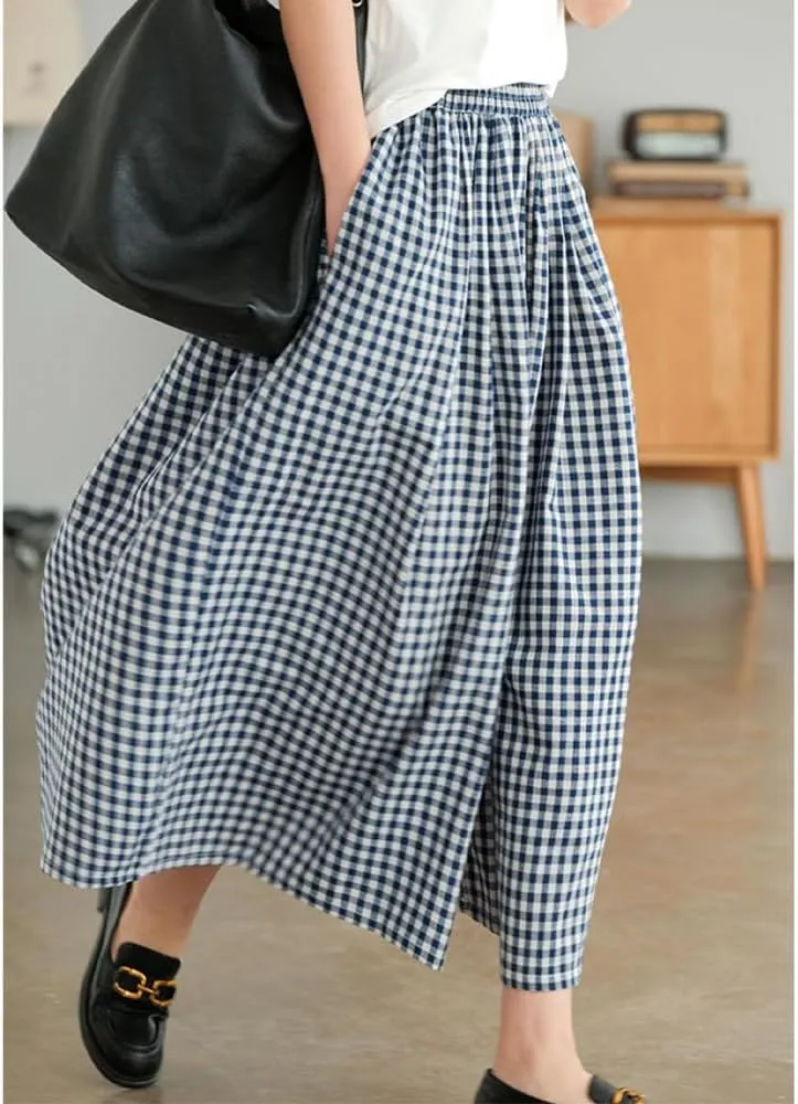 Womens Plaid Print Linen Pants Casual High Waisted Smocked Elastic Wide Leg Baggy Cropped Pants with Pockets