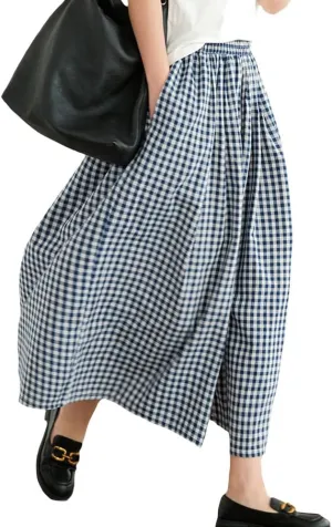 Womens Plaid Print Linen Pants Casual High Waisted Smocked Elastic Wide Leg Baggy Cropped Pants with Pockets
