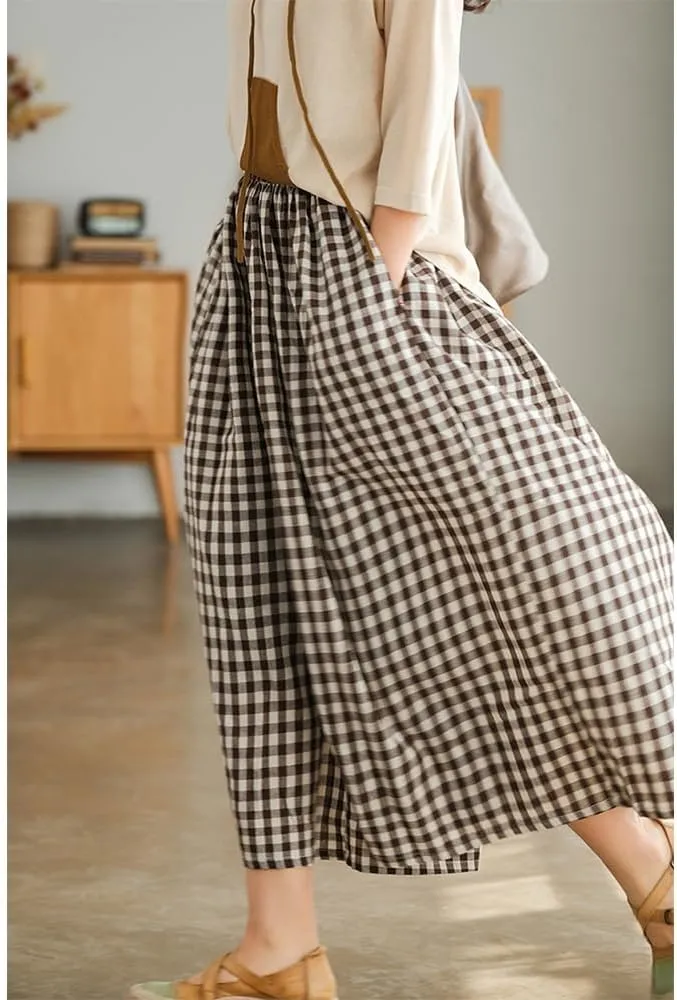 Womens Plaid Print Linen Pants Casual High Waisted Smocked Elastic Wide Leg Baggy Cropped Pants with Pockets