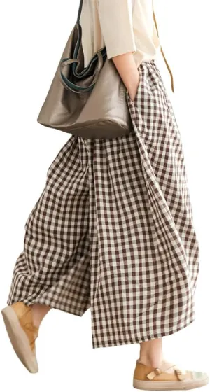 Womens Plaid Print Linen Pants Casual High Waisted Smocked Elastic Wide Leg Baggy Cropped Pants with Pockets