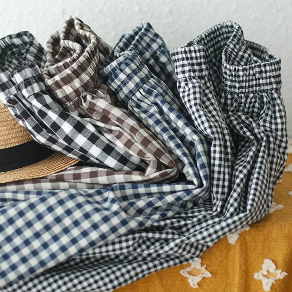 Womens Plaid Print Linen Pants Casual High Waisted Smocked Elastic Wide Leg Baggy Cropped Pants with Pockets