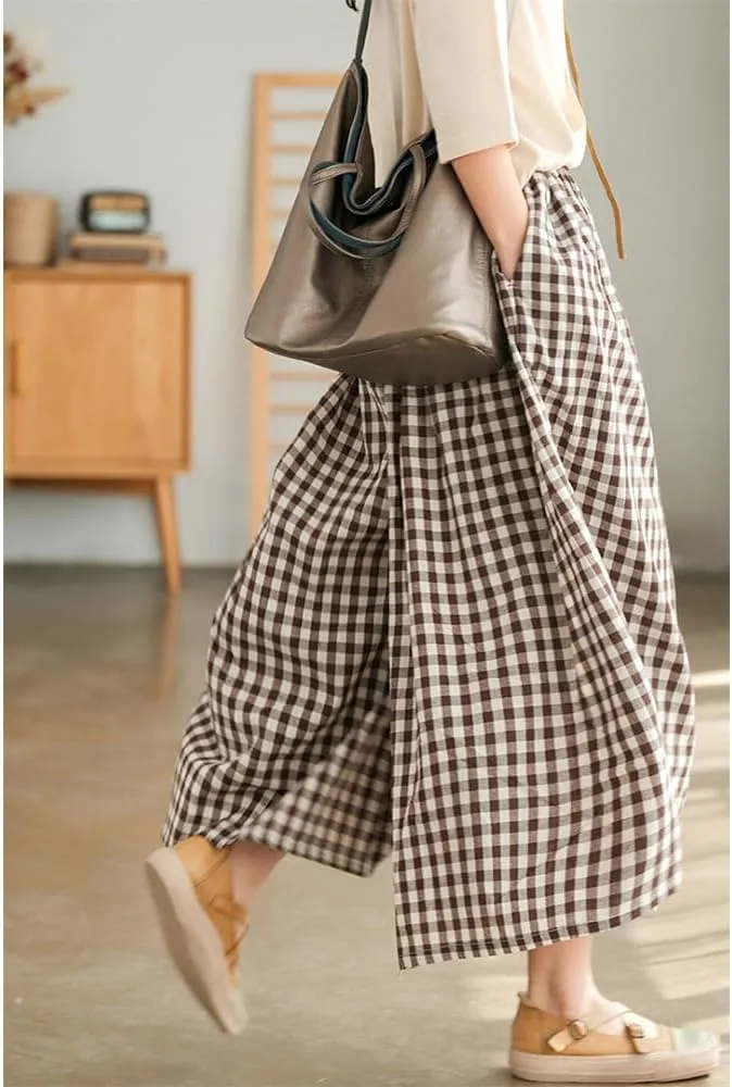 Womens Plaid Print Linen Pants Casual High Waisted Smocked Elastic Wide Leg Baggy Cropped Pants with Pockets