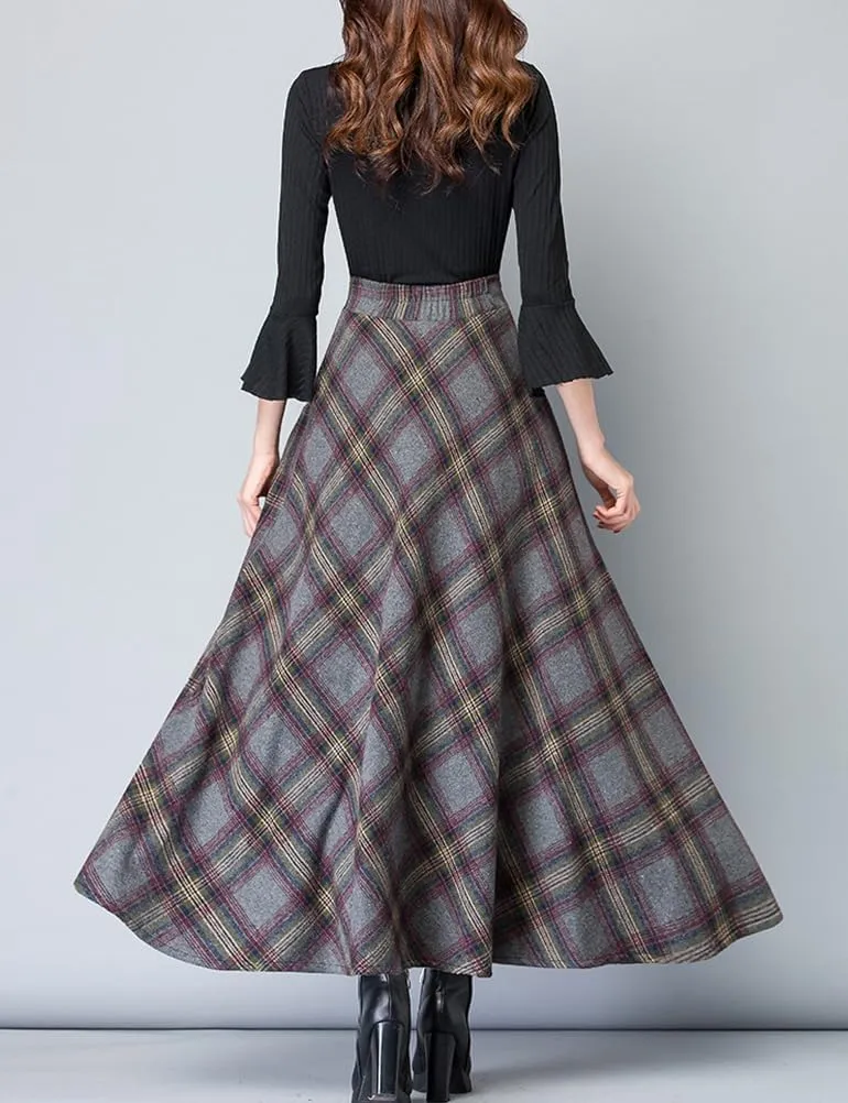 Women's Plaid Skirt Warm Elastic Waist Wool A-Line Pleated Tartan Winter Long Skirts
