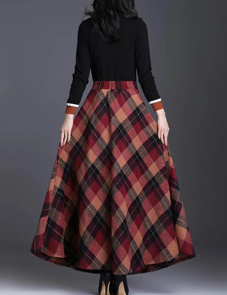 Women's Plaid Skirt Warm Elastic Waist Wool A-Line Pleated Tartan Winter Long Skirts