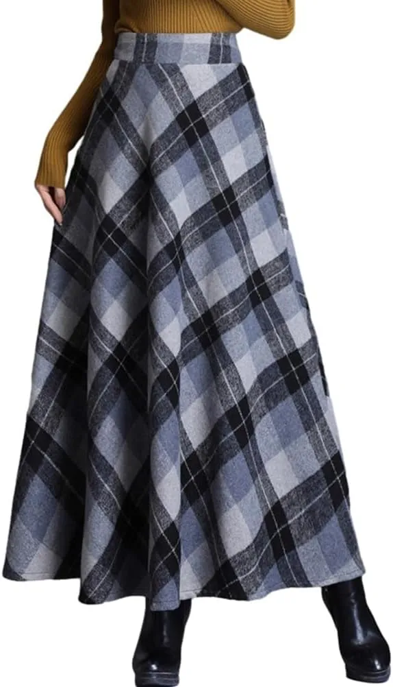 Women's Plaid Skirt Warm Elastic Waist Wool A-Line Pleated Tartan Winter Long Skirts