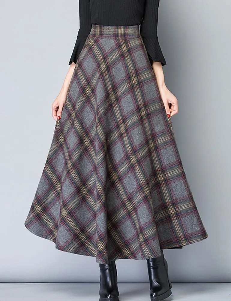 Women's Plaid Skirt Warm Elastic Waist Wool A-Line Pleated Tartan Winter Long Skirts