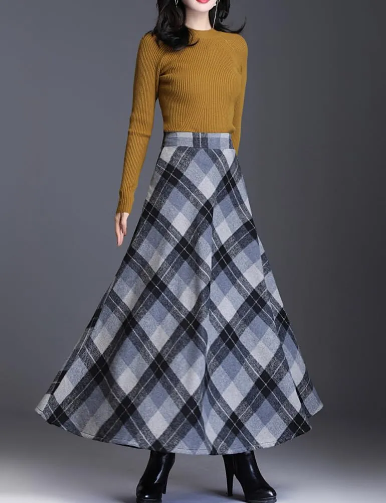 Women's Plaid Skirt Warm Elastic Waist Wool A-Line Pleated Tartan Winter Long Skirts