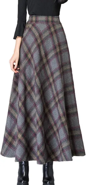 Women's Plaid Skirt Warm Elastic Waist Wool A-Line Pleated Tartan Winter Long Skirts