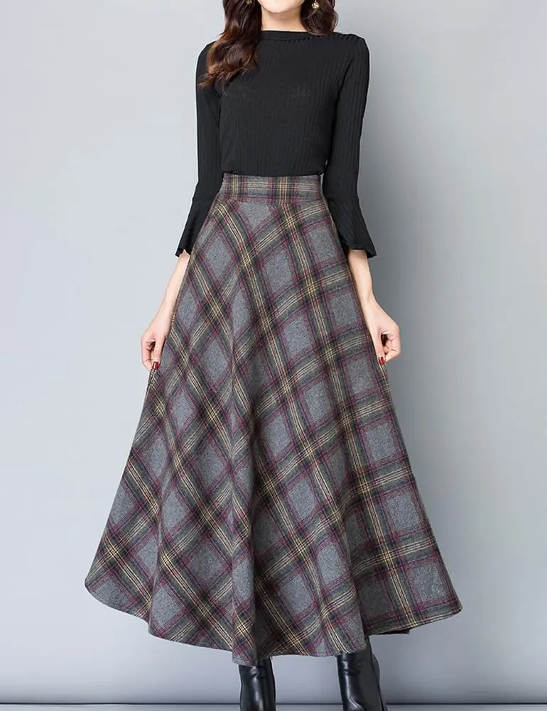 Women's Plaid Skirt Warm Elastic Waist Wool A-Line Pleated Tartan Winter Long Skirts