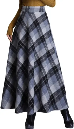 Women's Plaid Skirt Warm Elastic Waist Wool A-Line Pleated Tartan Winter Long Skirts