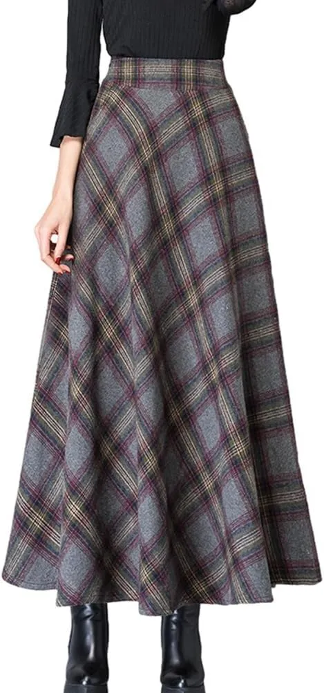 Women's Plaid Skirt Warm Elastic Waist Wool A-Line Pleated Tartan Winter Long Skirts
