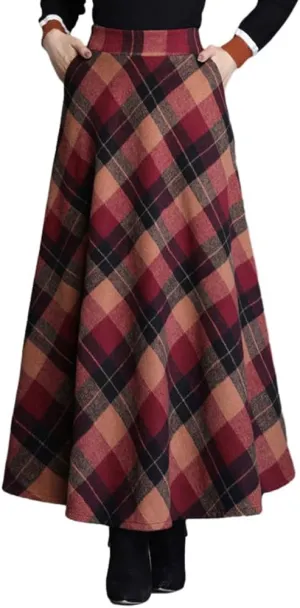 Women's Plaid Skirt Warm Elastic Waist Wool A-Line Pleated Tartan Winter Long Skirts