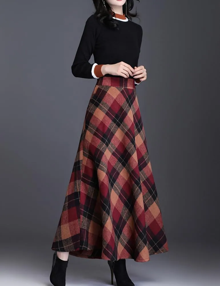 Women's Plaid Skirt Warm Elastic Waist Wool A-Line Pleated Tartan Winter Long Skirts