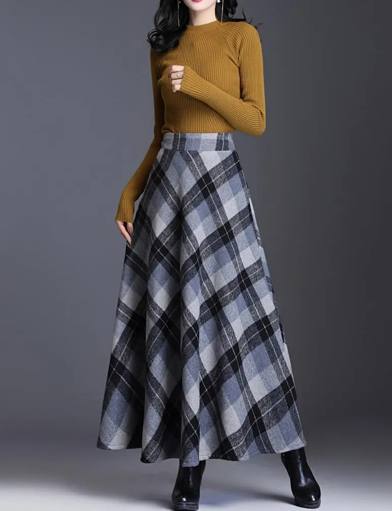 Women's Plaid Skirt Warm Elastic Waist Wool A-Line Pleated Tartan Winter Long Skirts