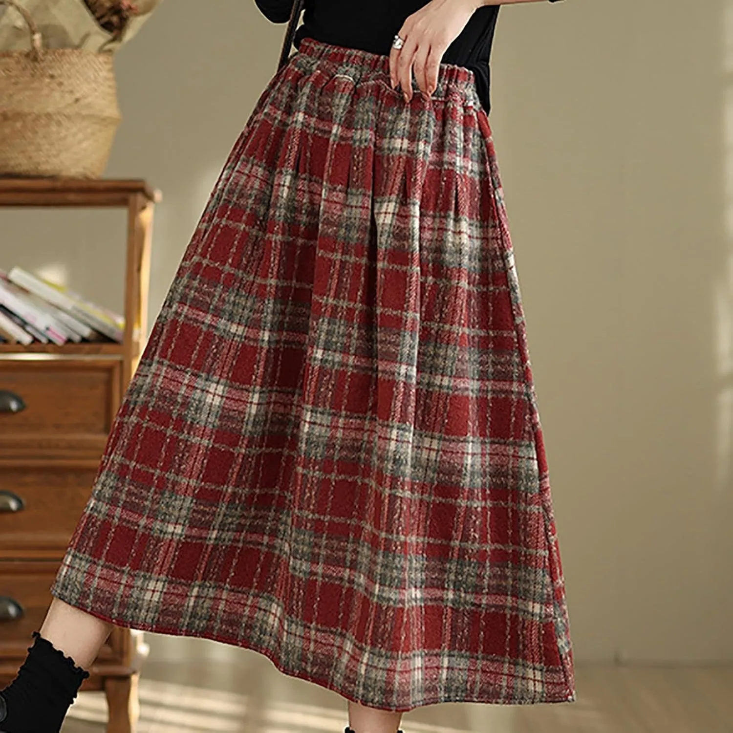 Womens Plaid Wool Skirts Winter Fall Warm High Elastic Waist A line Flared Pleated Wool Tartan Skirts