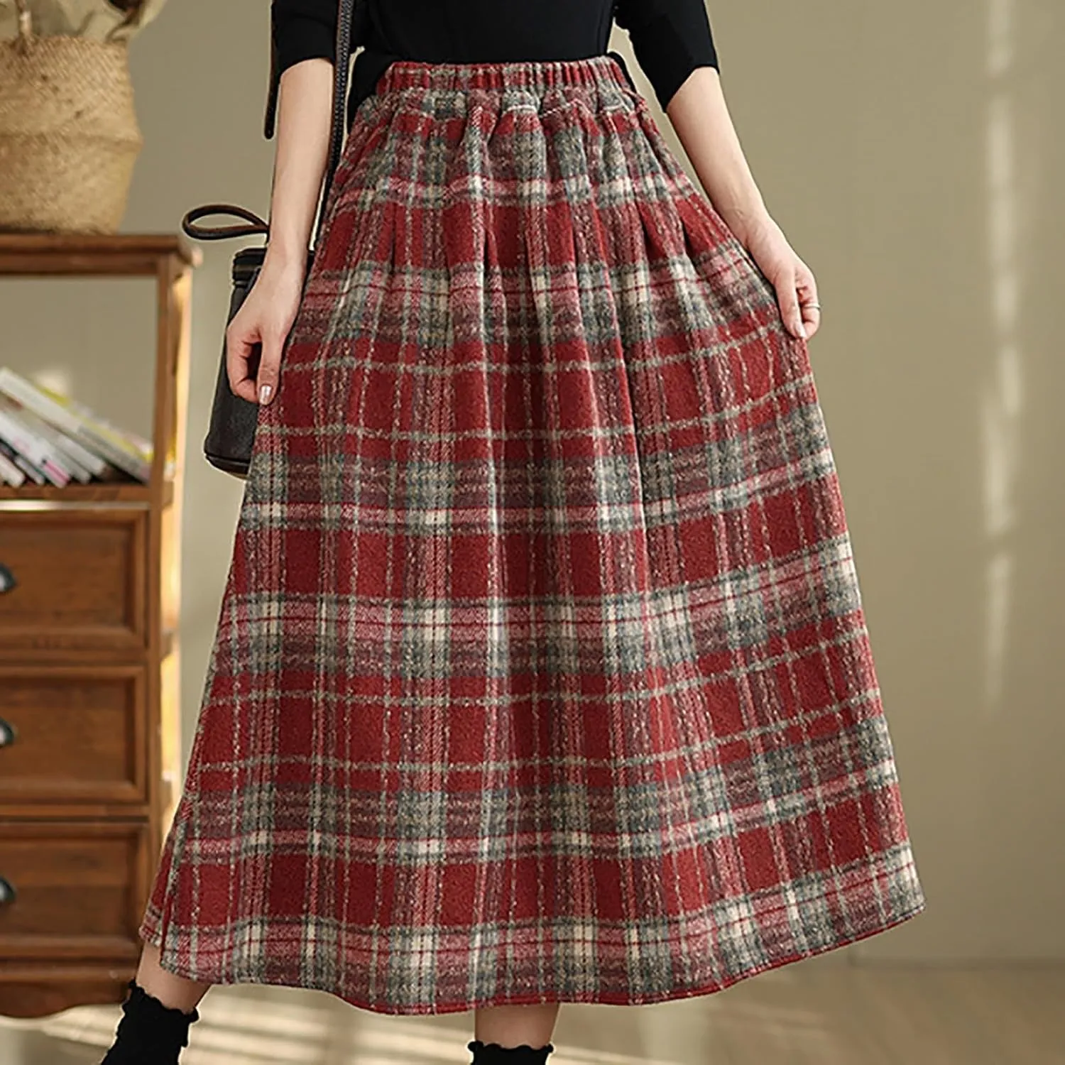 Womens Plaid Wool Skirts Winter Fall Warm High Elastic Waist A line Flared Pleated Wool Tartan Skirts
