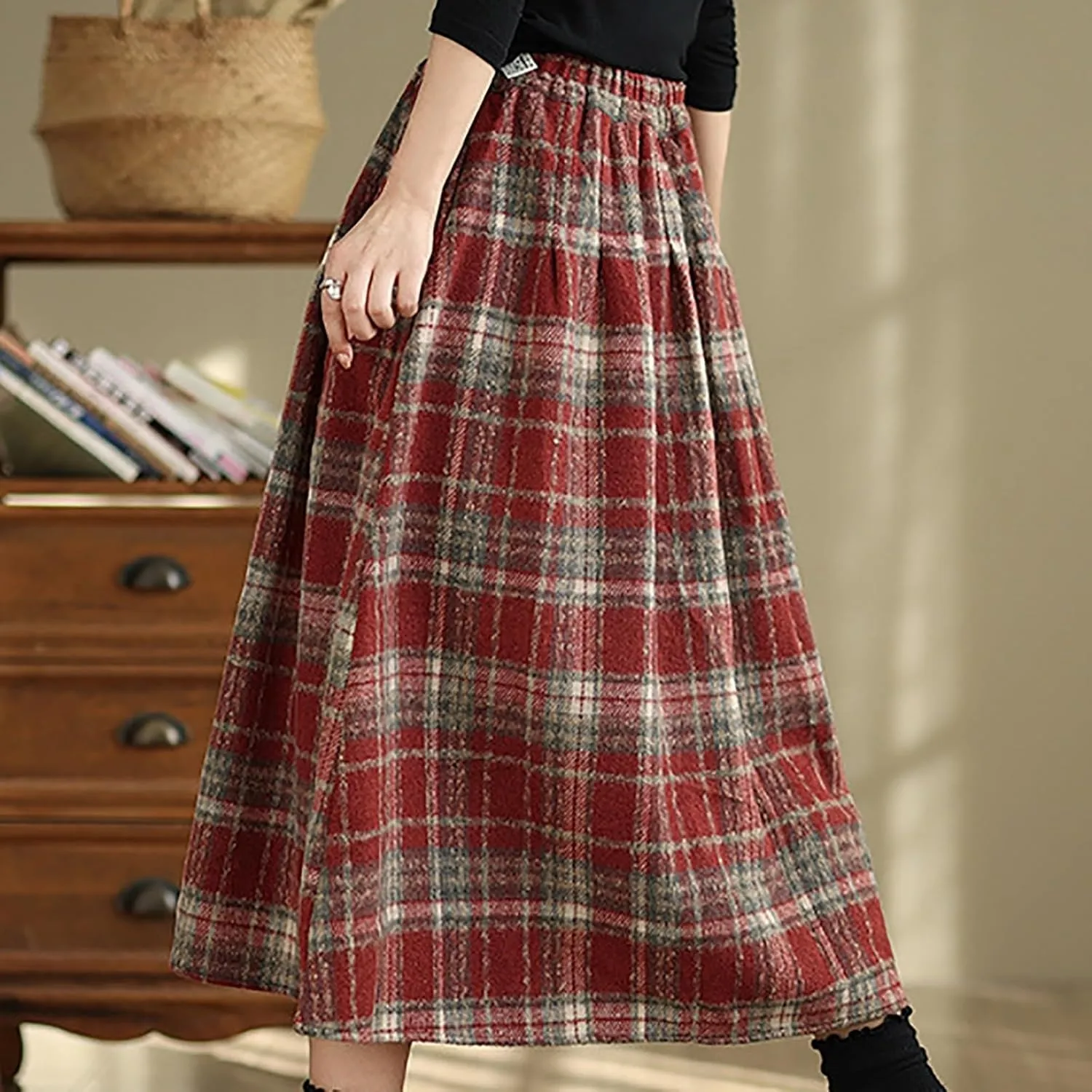 Womens Plaid Wool Skirts Winter Fall Warm High Elastic Waist A line Flared Pleated Wool Tartan Skirts