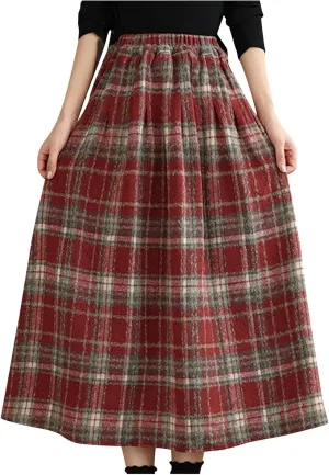 Womens Plaid Wool Skirts Winter Fall Warm High Elastic Waist A line Flared Pleated Wool Tartan Skirts