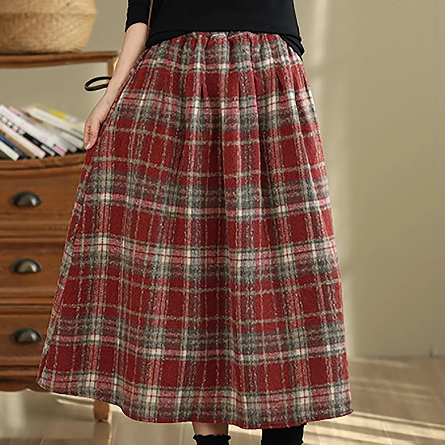 Womens Plaid Wool Skirts Winter Fall Warm High Elastic Waist A line Flared Pleated Wool Tartan Skirts